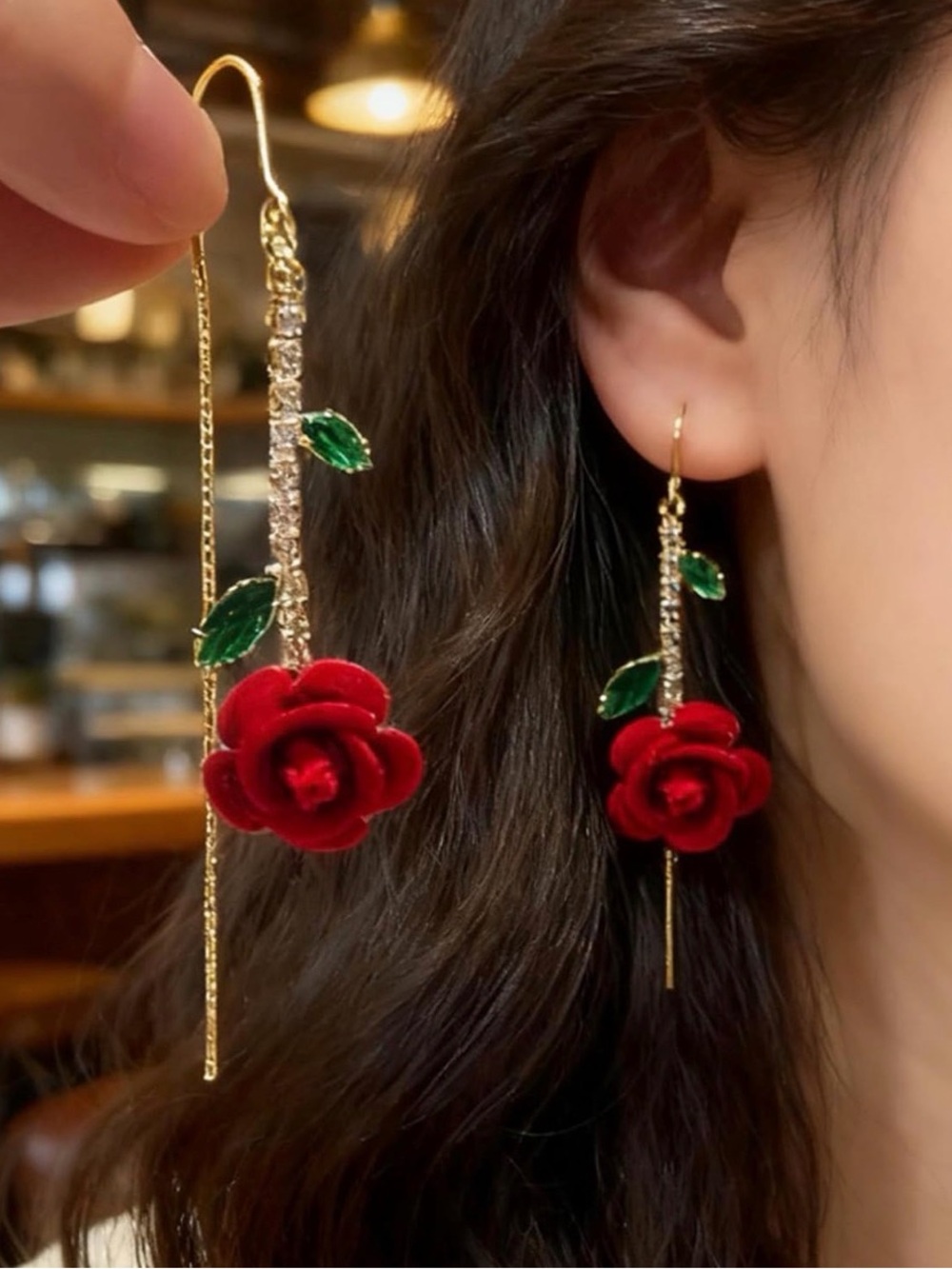 Moon Goddess Boutique Gold Drop Earrings with Red Rose and Green Leaves